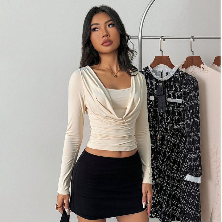 Damen figurbetontes Langarmshirt mit Wickeldesign und schickem V-Ausschnitt Drune