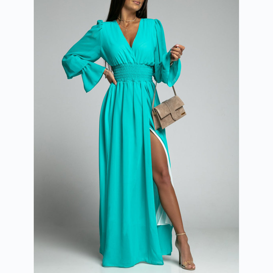 Damen Maxi-Kleid mit tiefem V-Ausschnitt und voluminösen Ärmeln Drune