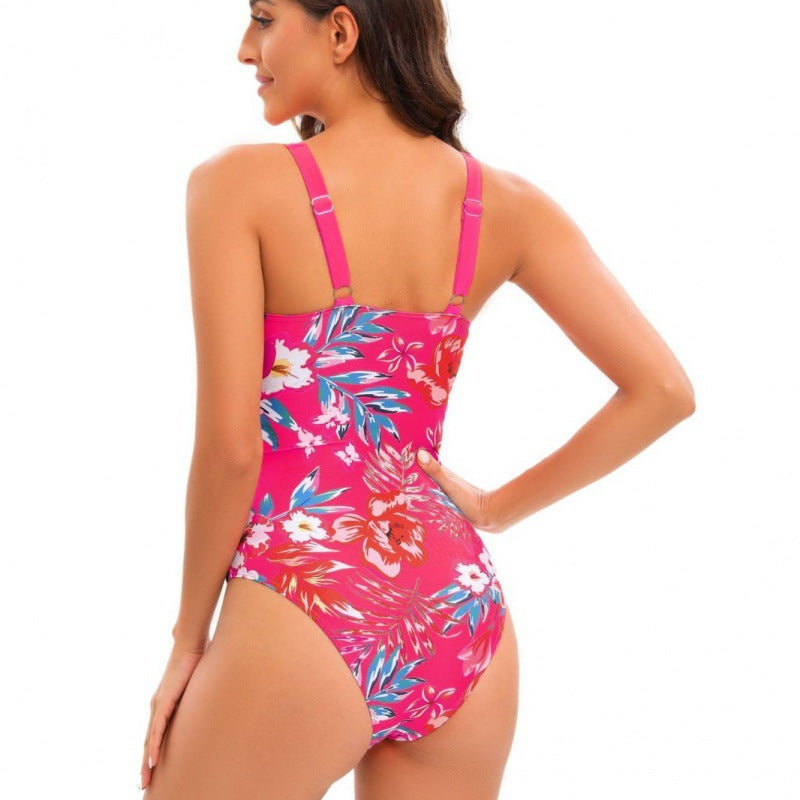 Damen Einteiler Badeanzug mit floralem Design und modernem V-Ausschnitt Drune