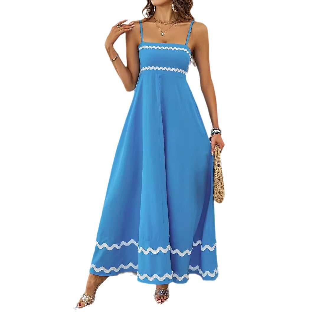 Damen Lange Maxi-Kleid mit Spaghetti-Trägern und dekorativem Saum Drune