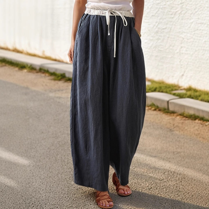 Damen Weite Leinenhose mit elastischem Bund und stylischem Kordelzug Drune