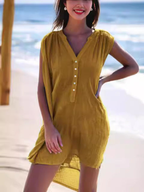 Damen Sommerliches Strandkleid mit kurzer Knopfleiste und V-Ausschnitt Drune