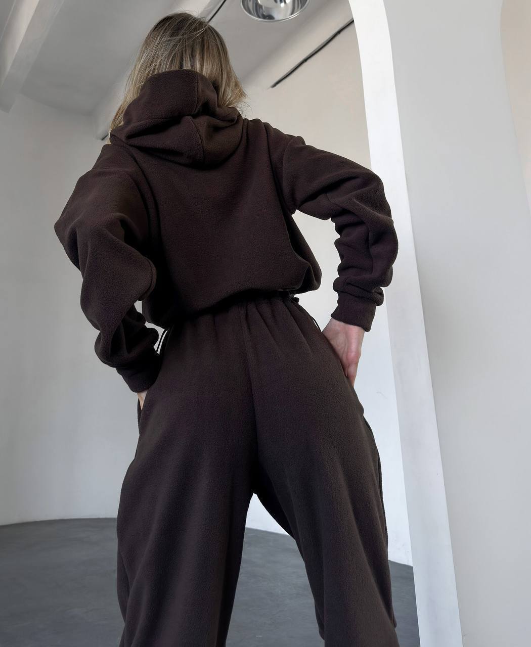 Damen gemütlicher Fleece-Jumpsuit mit Kapuze und elastischem Bund Drune
