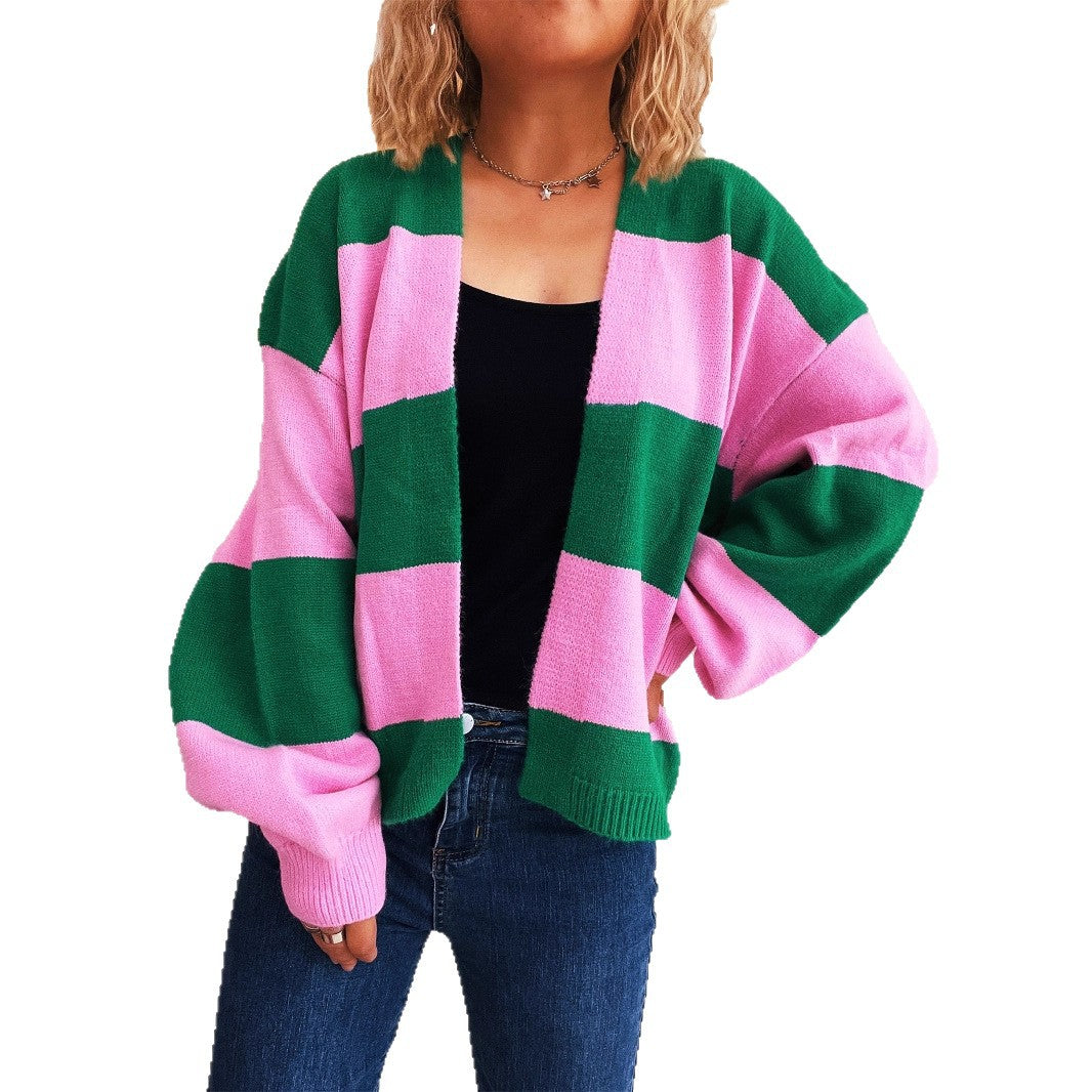 Damen lässige Strickjacke mit breitem Streifenmuster und extra weitem Schnitt Drune