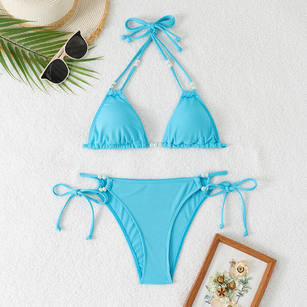 Damen Triangle-Bikini mit perlenschmückten Trägern und eleganter Raffung Drune