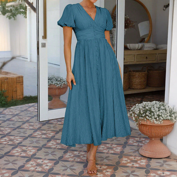 Damen Maxikleid mit V-Ausschnitt und luftigen Puffärmeln Drune
