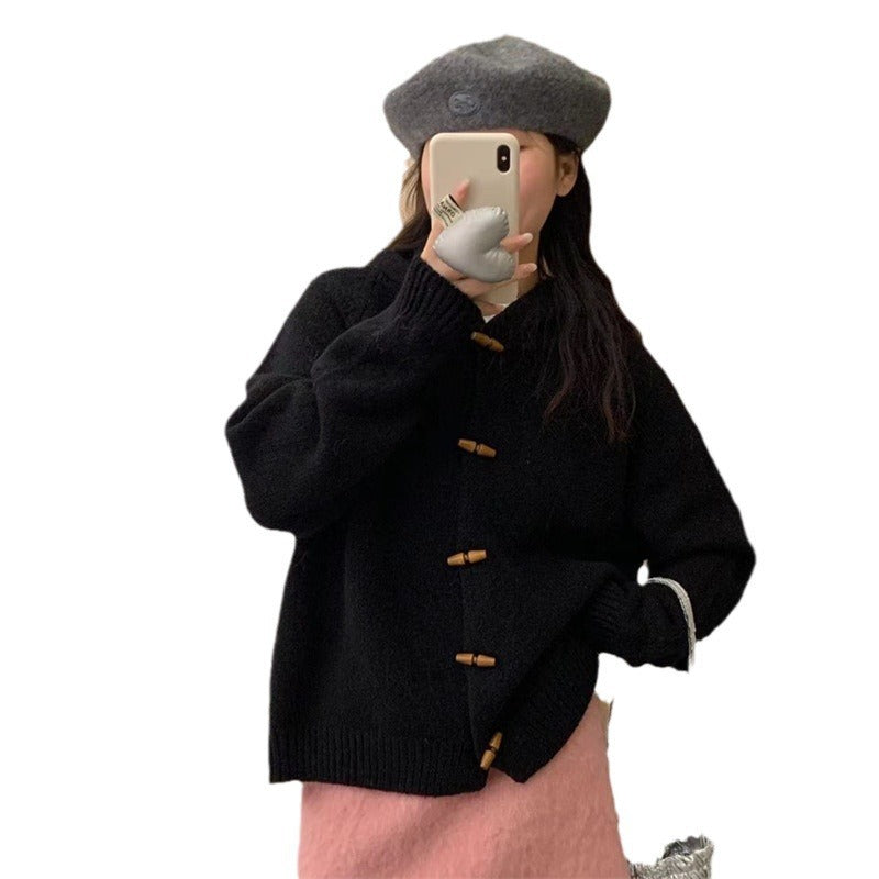 Damen bequeme Strickjacke mit Kapuze und Holzknopfdetails Drune