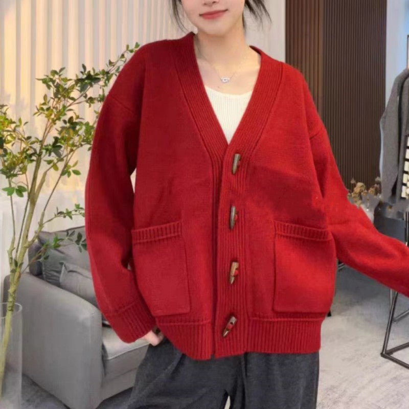Damen Gemütliche Strickjacke mit modernen Knöpfen und Taschen Drune