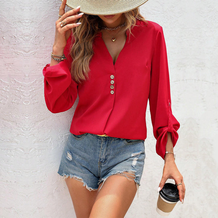 Damen Bluse mit elegantem V-Ausschnitt und raffinierten Knopfdetails Drune