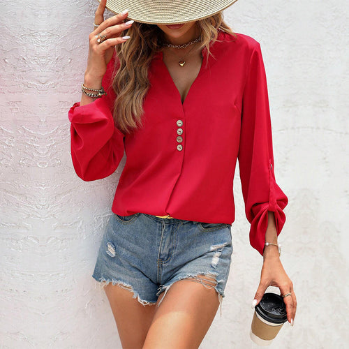 Damen Bluse mit elegantem V-Ausschnitt und raffinierten Knopfdetails Drune