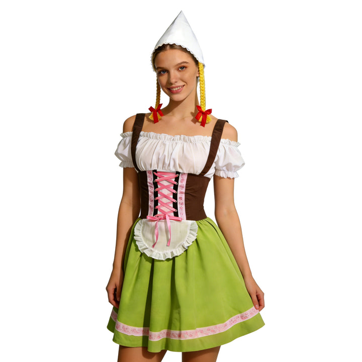 Damen nan traditionelles Oktoberfest Dirndl Kostüm mit Schnürkorsett, Schürze und Zipfelmütze Drune