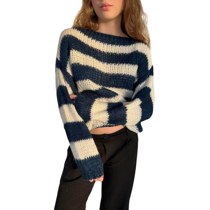 Damen lässiger grob gestrickter Pullover mit offenen Schultern Drune