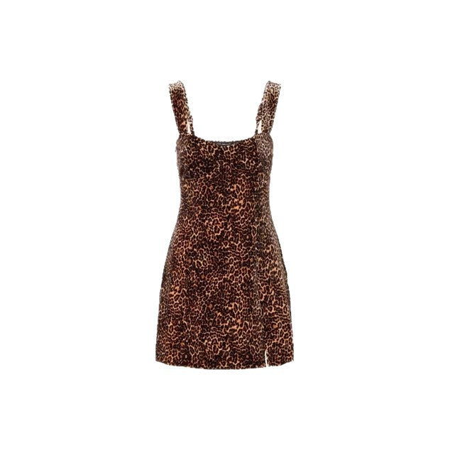 Damen figurbetontes Minikleid mit Leopardenmuster und eleganten Trägern Drune