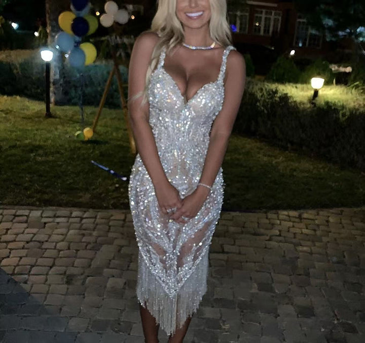 Damen Glamouröses Pailletten-Kleid mit schimmerndem Fransenbesatz und verführerischem Design Drune