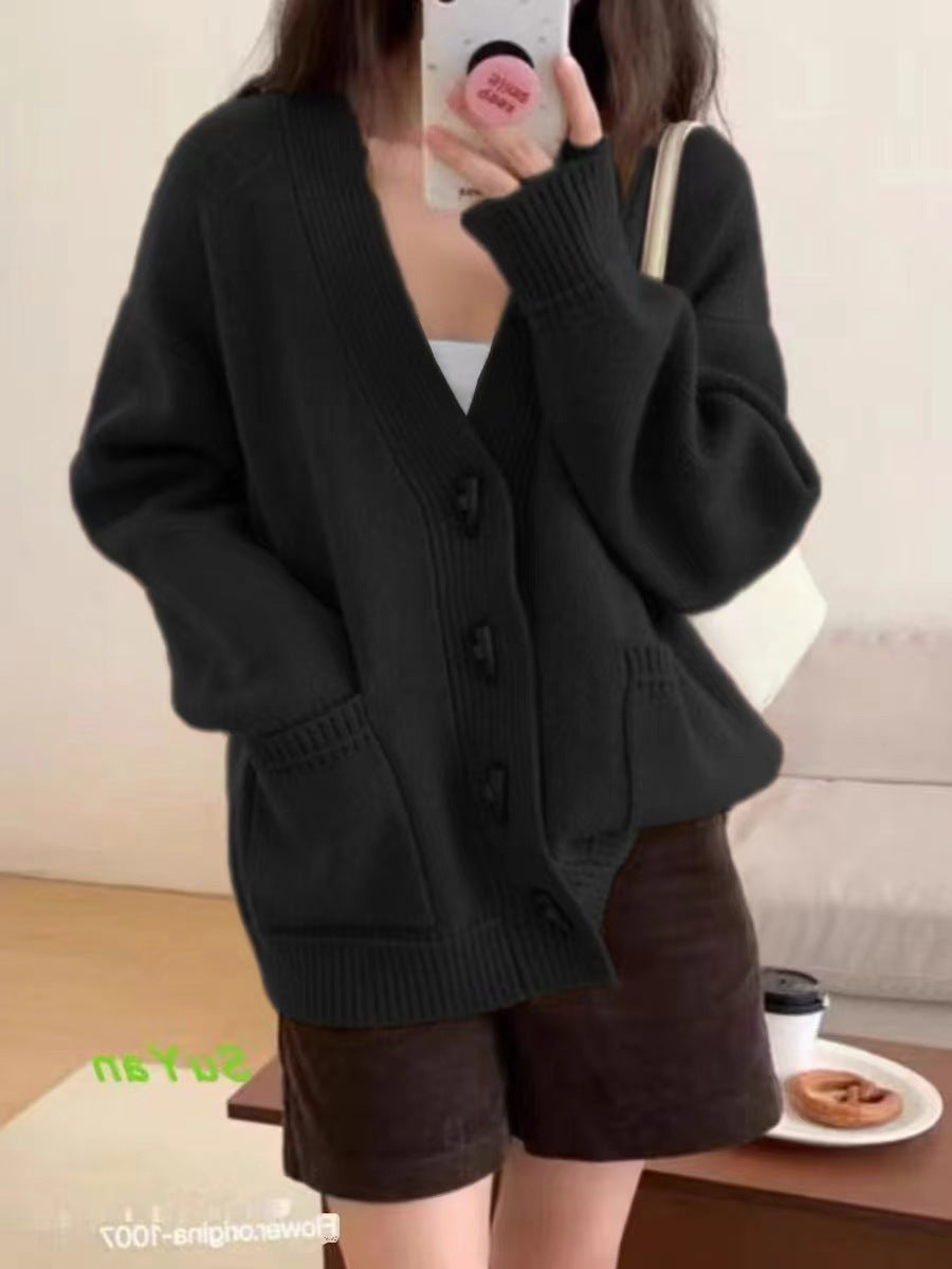Damen Gemütliche Strickjacke mit modernen Knöpfen und Taschen Drune