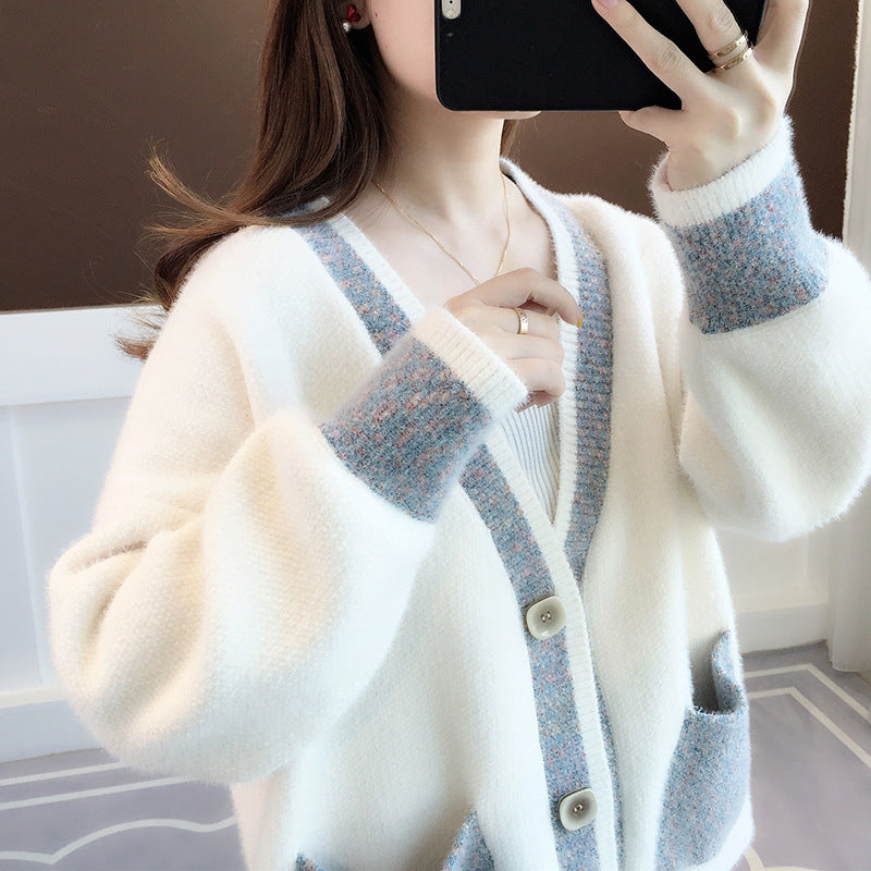 Damen Strickjacke mit modernem Farbkontrast und großen Taschen Drune