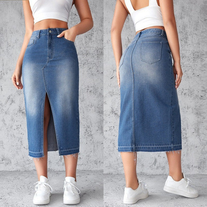 Damen Denim-Midirock mit hohem Schlitz und fransigem Saum Drune
