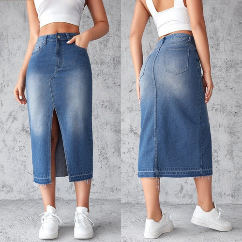 Damen Denim-Midirock mit hohem Schlitz und fransigem Saum Drune