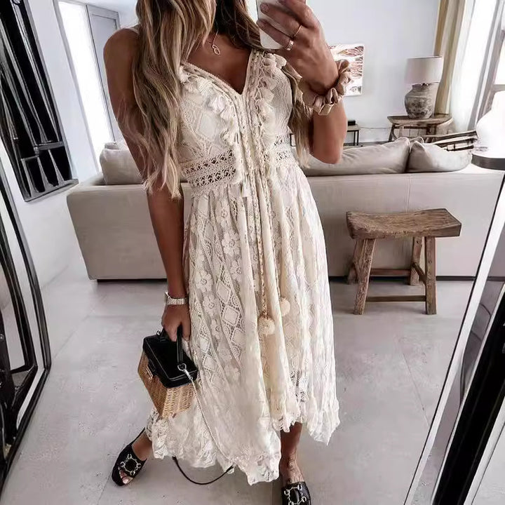 Damen Spitzen Maxi-Kleid mit zarten Häkel- und Rüschendetails Drune