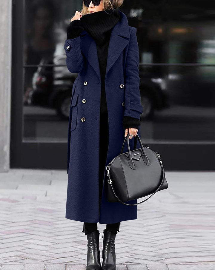 Damen nan eleganter Maxi-Wollmixmantel mit doppelreihiger Knopfleiste, weitem Reverskragen und aufgesetzten Taschenklappen Drune