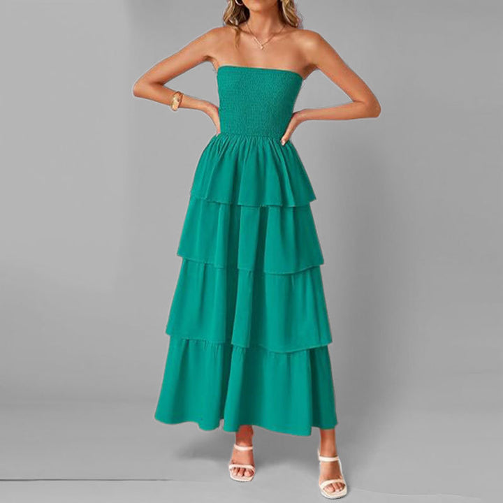 Damen Langes Rüschenkleid mit schulterfreiem Design und elastischem Oberteil Drune