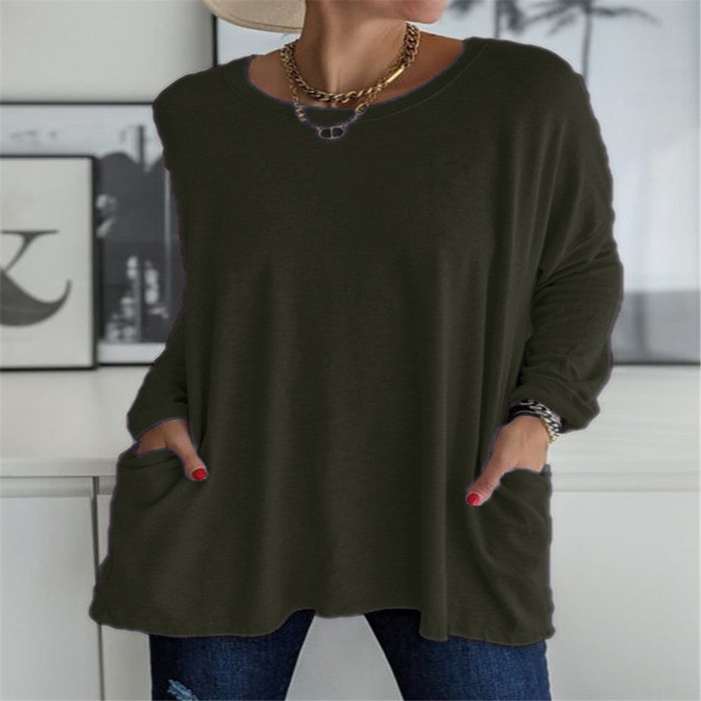 Damen nan oversized Longsleeve-Tunika mit Rundhalsausschnitt, überschnittener Schulter und aufgesetzten Taschen Drune