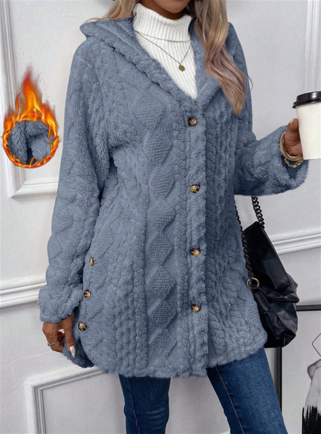 Damen kuschelige Knopfjacke mit hohem Kragen Drune