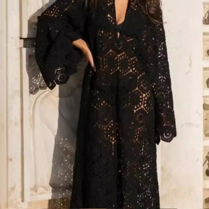 Damen luftiges Häkelkleid mit weiten Ärmeln Drune
