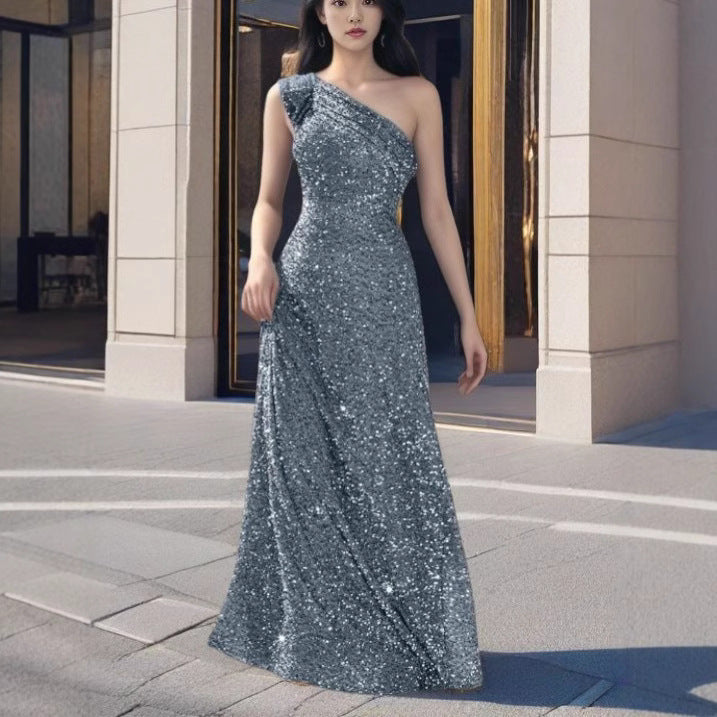 Damen Glamouröses Maxikleid mit schulterfreiem Design und funkelnden Pailletten Drune