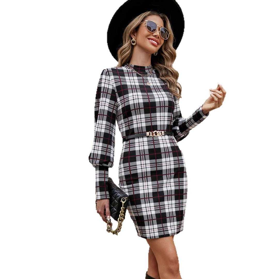 Damen Figurbetontes Karopattern Kleid mit langen Ärmeln und Taillengürtel Drune