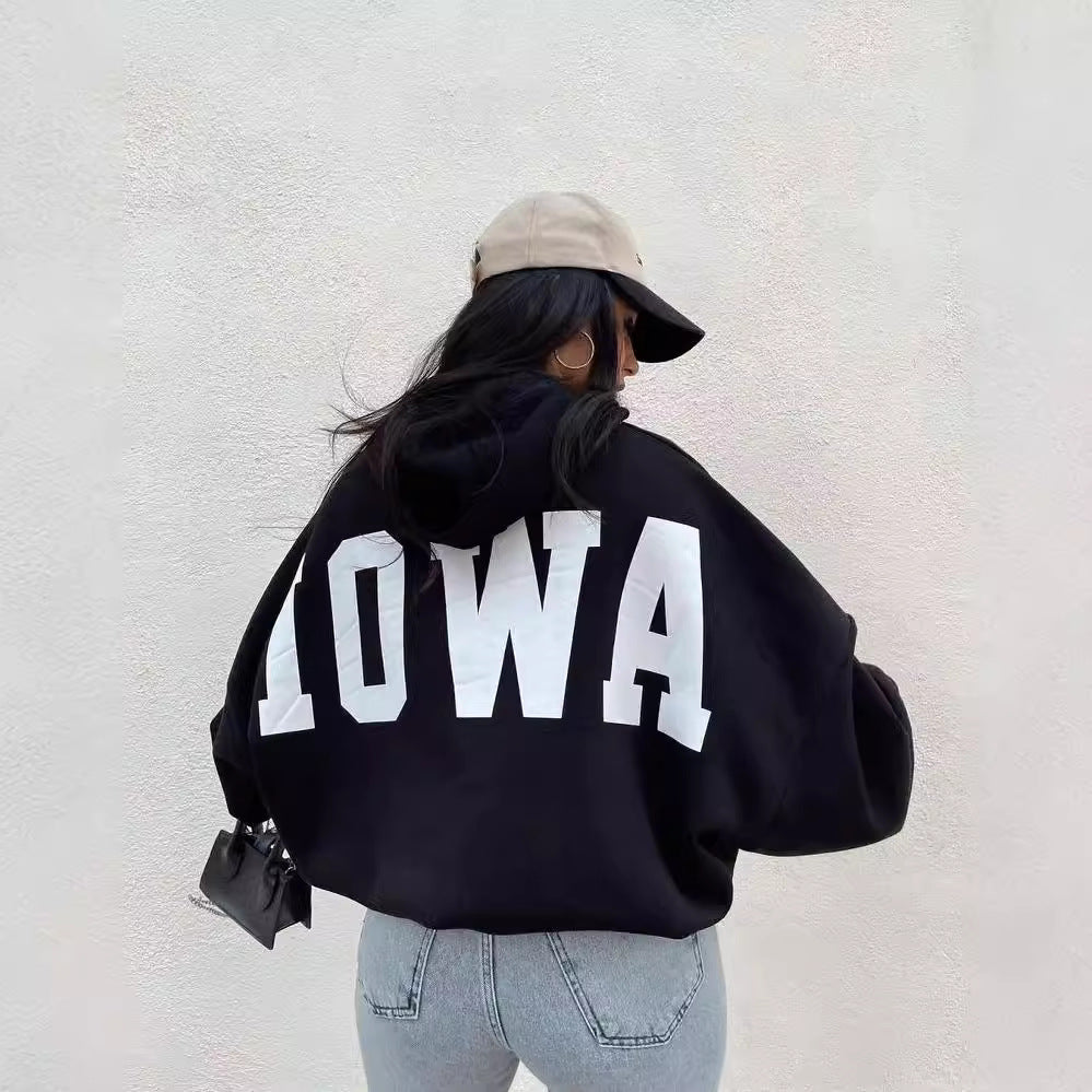 Damen Oversized Kapuzenpullover mit auffälligem Schriftzug Drune