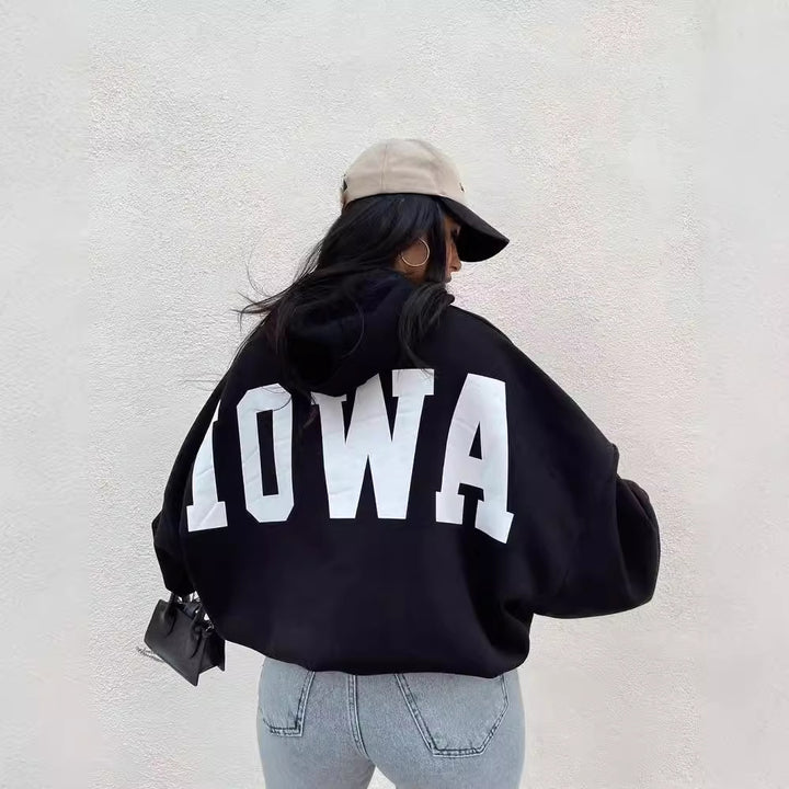 Damen Oversized Kapuzenpullover mit auffälligem Schriftzug Drune