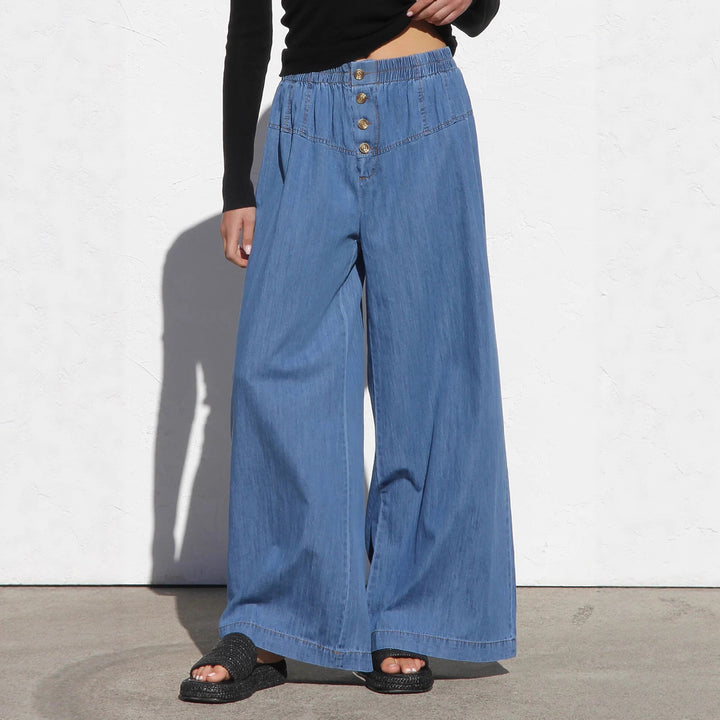 Damen weite Denim-Hotpants mit elastischem Bund und Knopfdetails Drune
