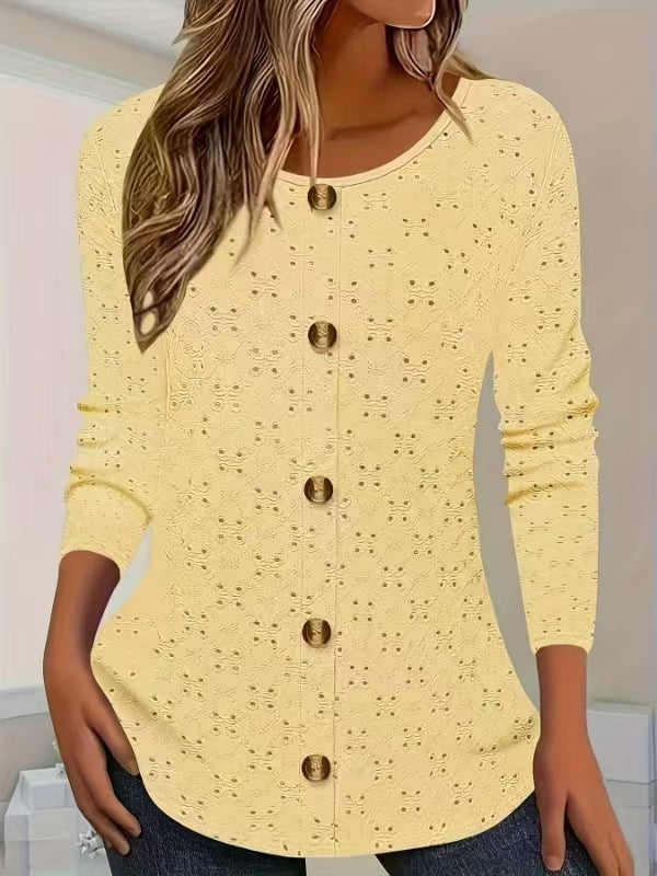Damen Langarm Blusenshirt mit dekorativen Knopfdetails und filigranem Lochmuster Drune