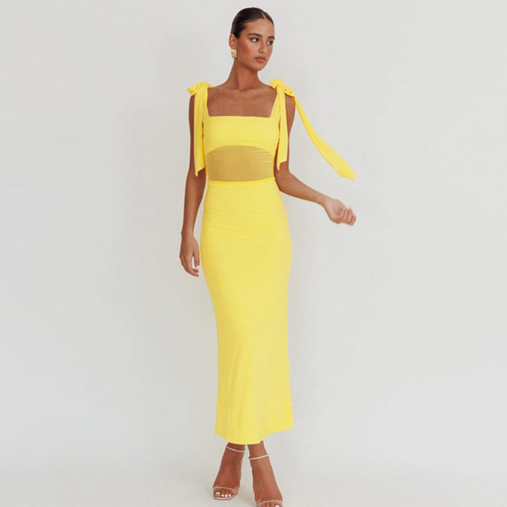 Damen elegantes Maxikleid mit transparenter Spitze und Schulterbändern Drune