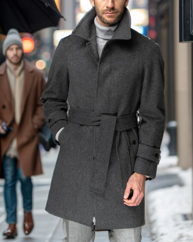 Herren modischer Wolltrenchcoat mit Bindegürtel und großen Taschen Drune