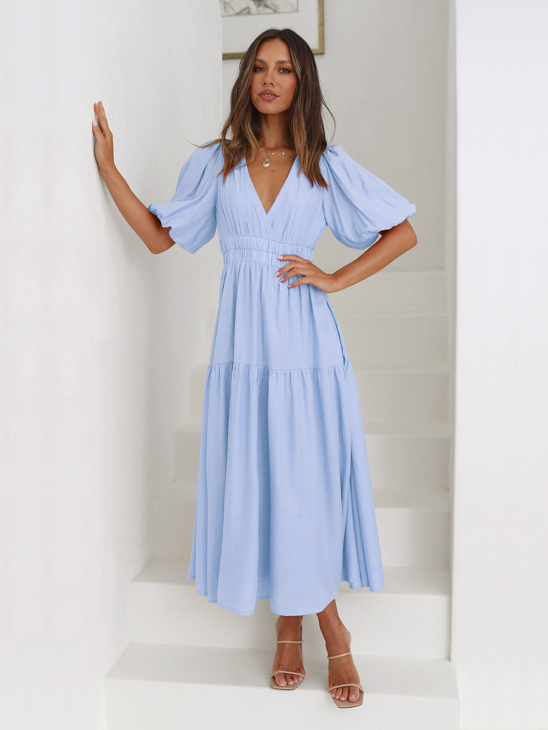 Damen Maxikleid mit puffärmeligem Design und elastischem Taillenzug Drune