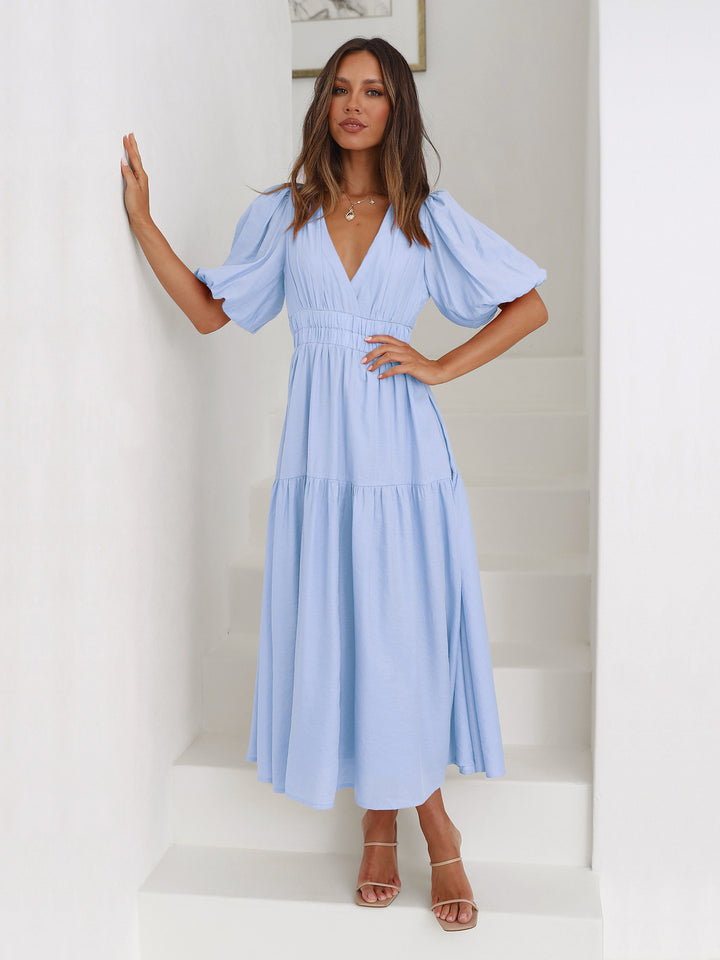 Damen Maxikleid mit puffärmeligem Design und elastischem Taillenzug Drune