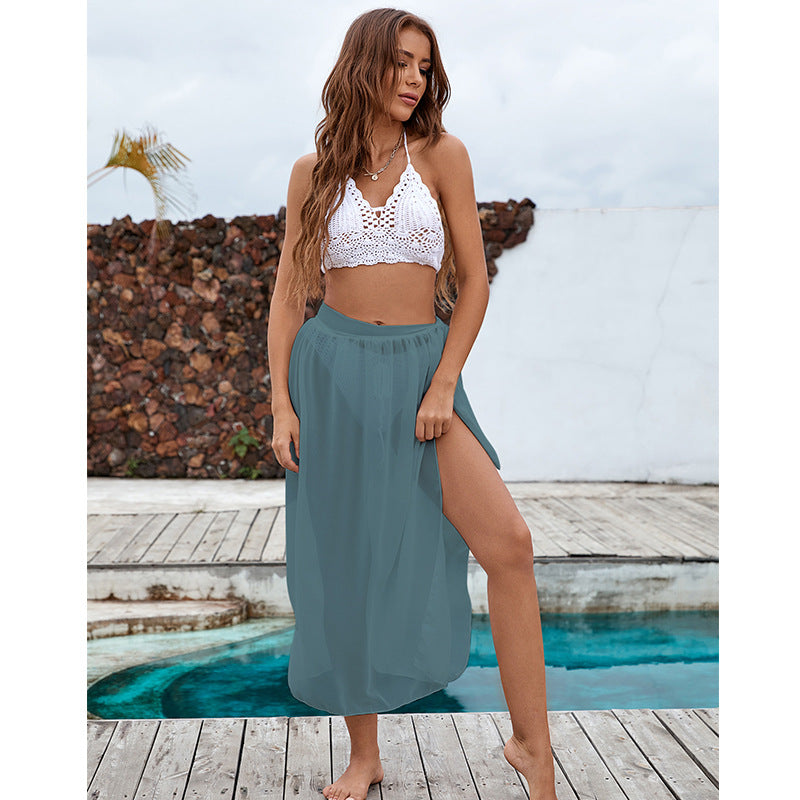 Damen eleganter transparenter Strandrock mit seitlichem Schlitz und bindbarem Gürtel Drune