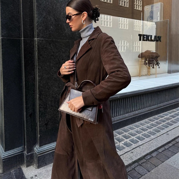 Damen Eleganter Wildledermantel mit Taillengürtel Drune