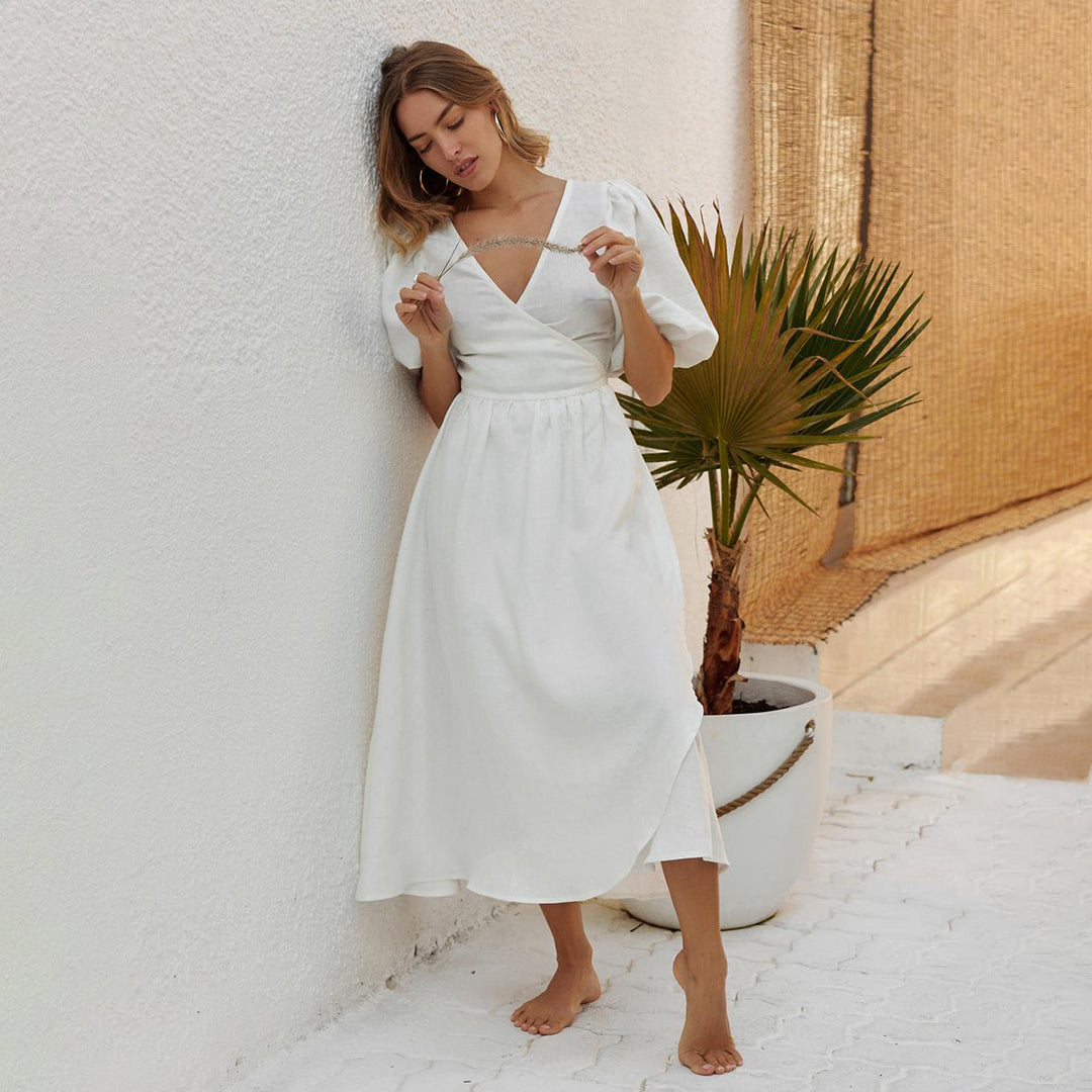 Damen lässiges Leinenkleid mit Ballonärmeln und tailliertem Gürtel Drune