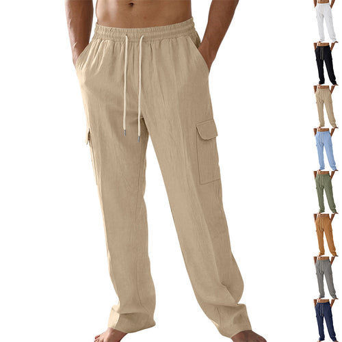 Herren nan lockere Leinen-Cargohose mit elastischem Tunnelzugbund und aufgesetzten Klappentaschen Drune
