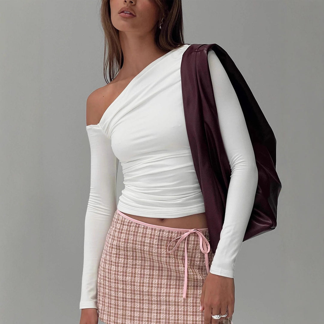 Damen Off-Shoulder Raffungsshirt mit langen Ärmeln und elegantem Design Drune