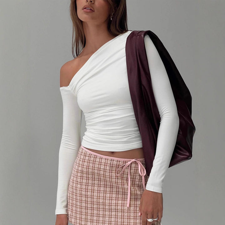 Damen Off-Shoulder Raffungsshirt mit langen Ärmeln und elegantem Design Drune