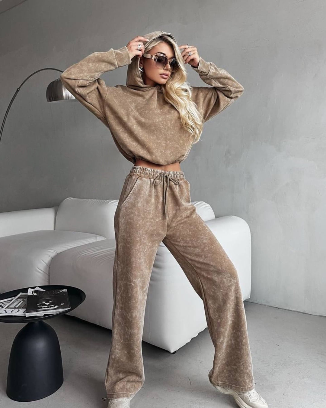 Damen lässiges Hoodie-Set mit weit geschnittenen Hosen und elastischem Bund Drune