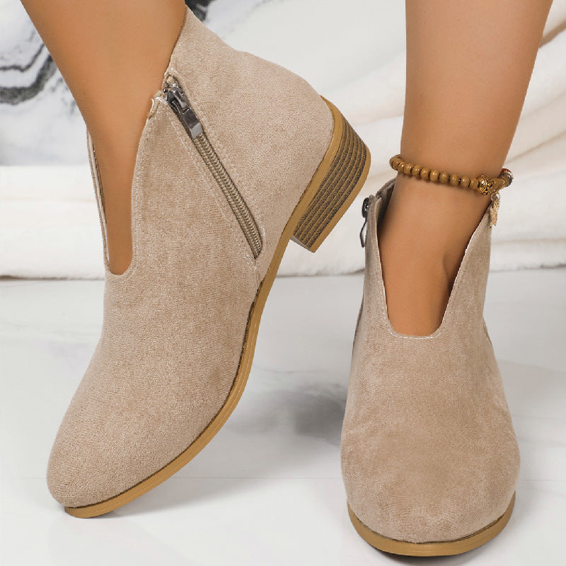 Damen nan knöchelhohe Stiefelette mit V-Ausschnitt, weichem Obermaterial und leichtem Holzblockabsatz Drune