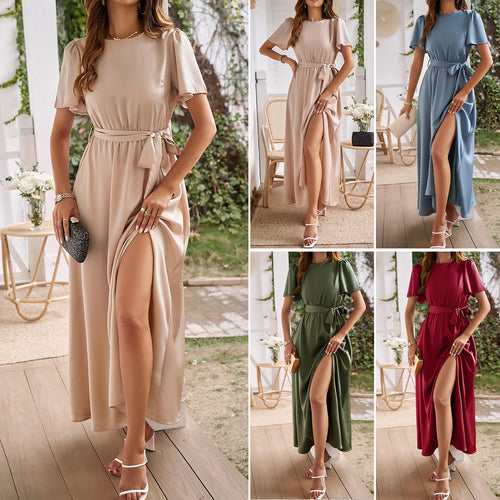 Damen Maxikleid mit tiefem Schlitz und Taillengürtel Drune