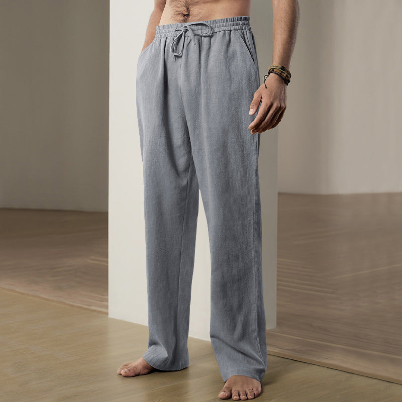 Herren nan weiche Leinen-Baumwoll Loungehose mit elastischem Tunnelzugbund, Seitentaschen und entspanntem geradem Bein Drune