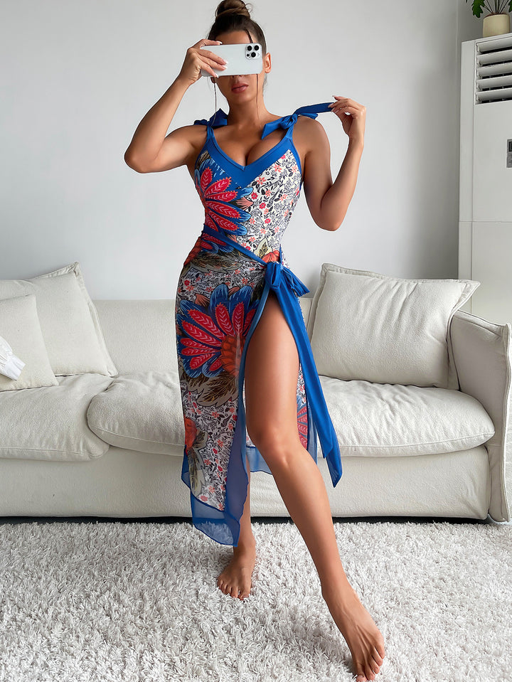 Damen Einteiler Badeanzug mit verspieltem Floral-Design und schickem Wickelrock Drune