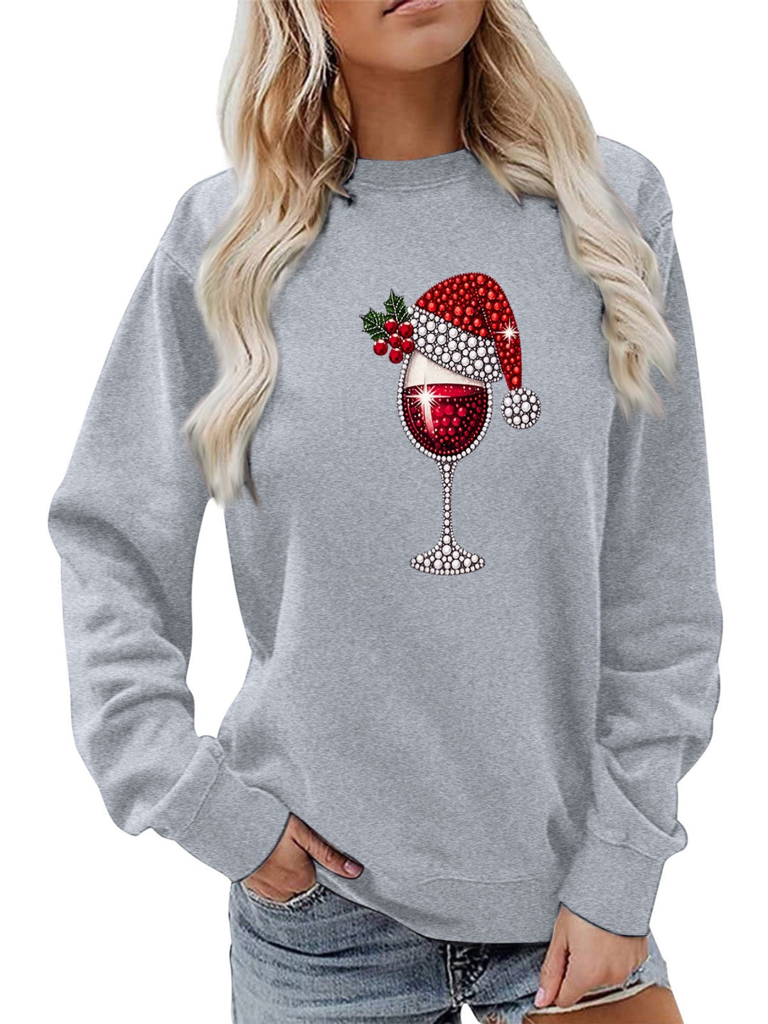 Damen Sweatshirt mit weichem Innenfutter und festlichem Weinmotiv Drune
